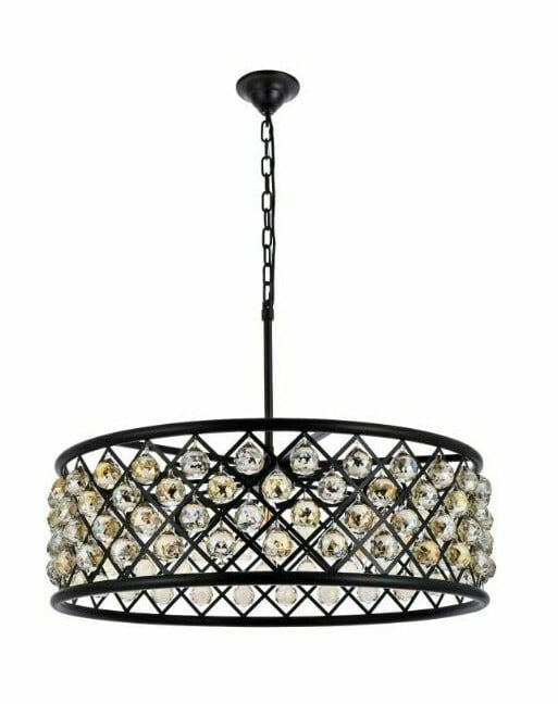 Madison 8-Light Matte Black Crystal Chandelier 32 Inch: Madison 8-Light Matte Black Crystal Chandelier 32 Inch This modern chandelier features a matte black frame adorned with golden teak faceted Royal Cut crystal balls, creating a striking centerpiece for