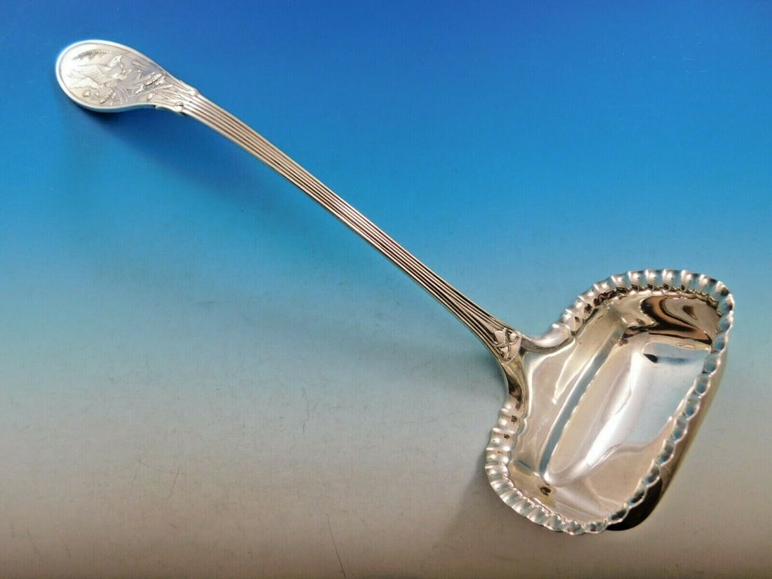 Tiffany & Co Japanese Sterling Silver Soup Ladle 12.5" Pie Crust Edge: Tiffany & Co Japanese Sterling Silver Soup Ladle 12.5" Pie Crust Edge This exquisite sterling silver soup ladle from Tiffany & Co. is part of the renowned Japanese pattern, first introduced in 1871. T