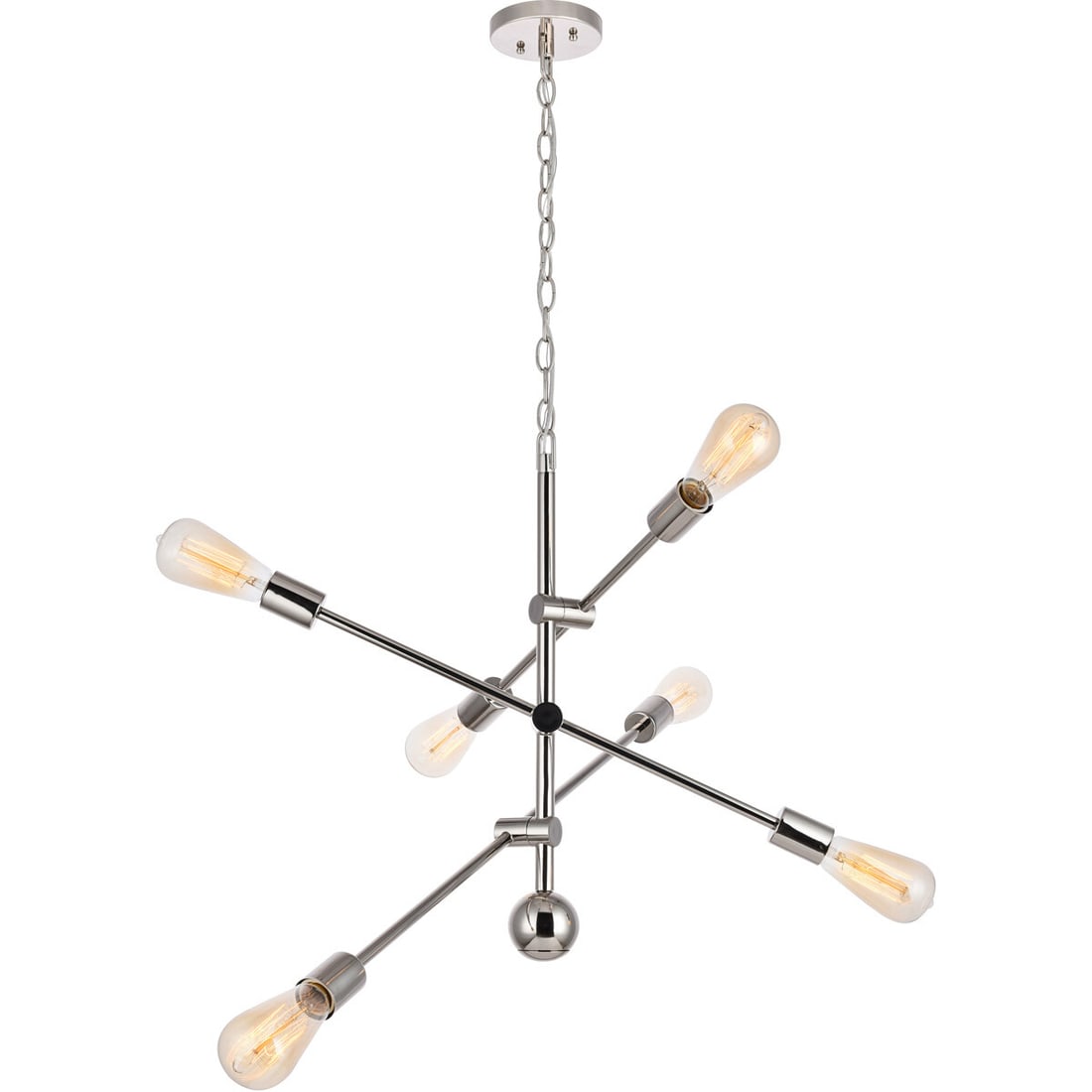 Axel Polished Nickel 6-Light Pendant Chandelier 29 Inch: Axel Polished Nickel 6-Light Pendant Chandelier 29 Inch This modern Sputnik-style chandelier features a polished nickel finish and adjustable crossing arms mounted on a central rod, allowing you to di