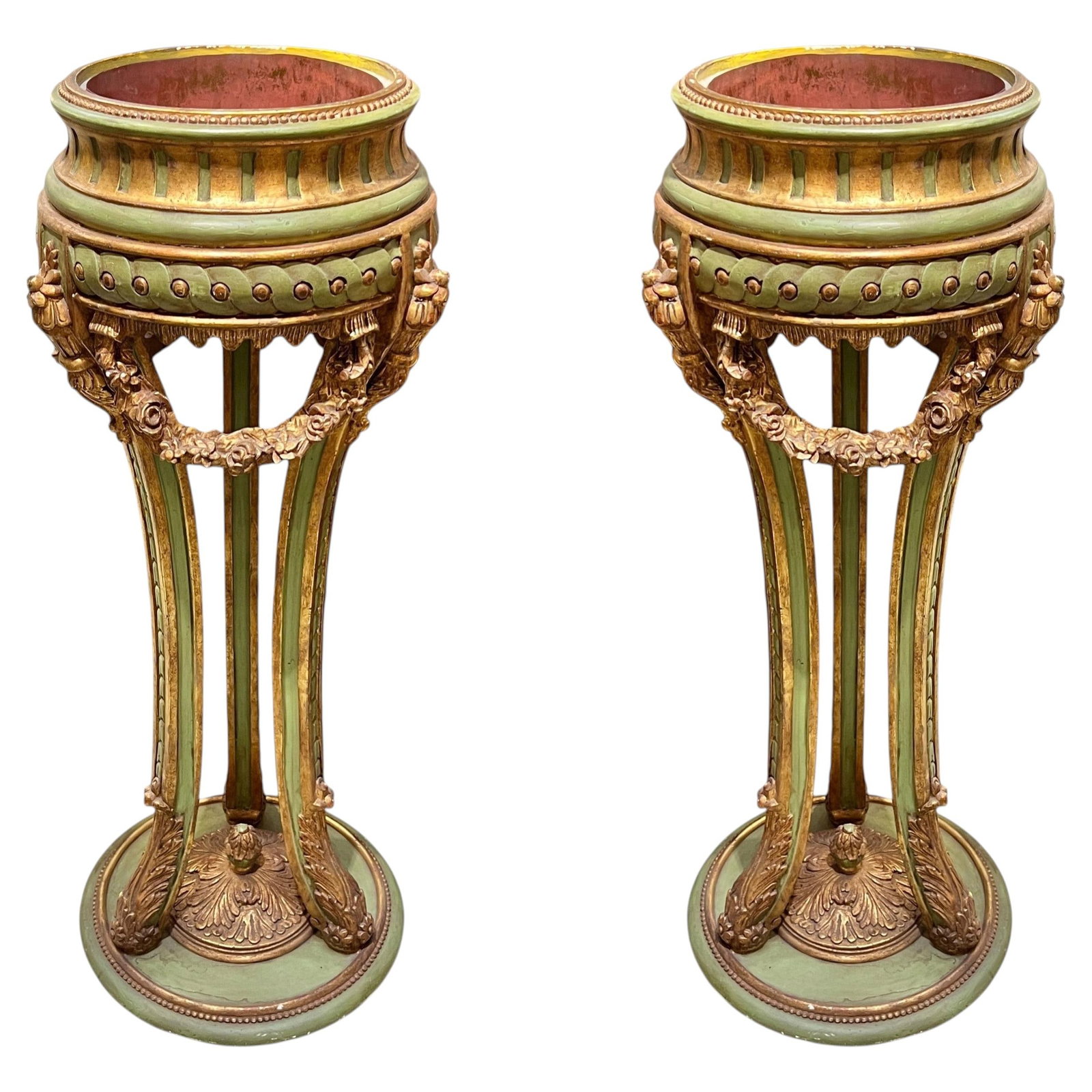 Set of 2 Greco-Roman Neoclassical Gilt Painted Tripod Jardinieres 1940s: Set of 2 Greco-Roman Neoclassical Gilt Painted Tripod Jardinieres 1940s This pair of vintage jardinieres showcases a Greco-Roman neoclassical style, featuring tripod brazier forms with stretchers at t