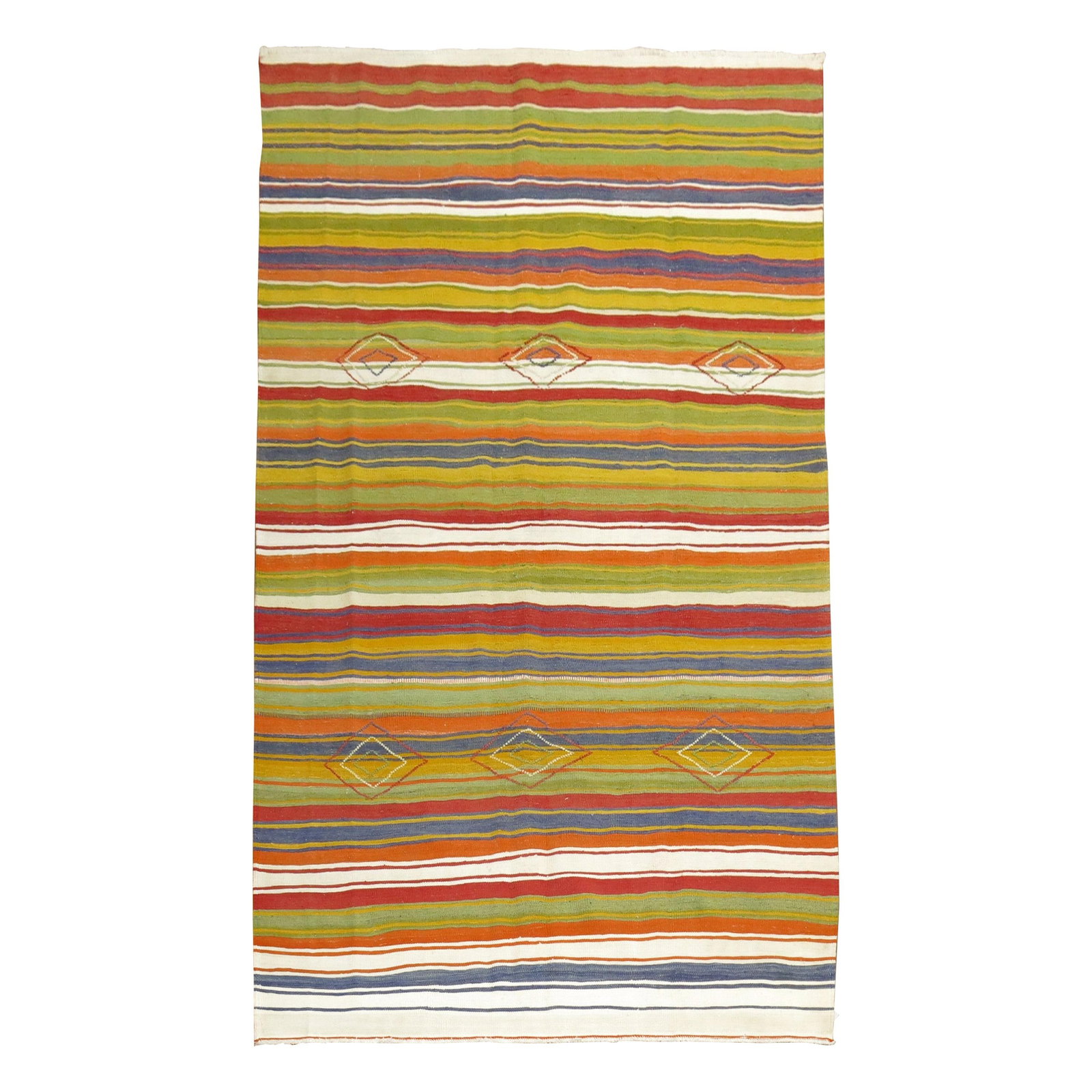 Hand Knotted Turkish Wool Kilim Striped Mid 20th Century: Hand Knotted Turkish Wool Kilim Striped Mid 20th Century This midcentury Turkish Kilim features a vibrant striped design in lively colors reminiscent of jolly rancher tones. Hand-knotted from wool, it