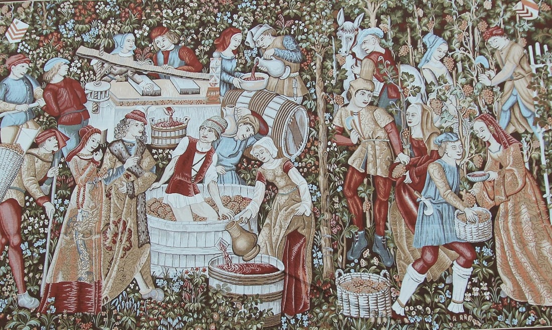 270cm x 407cm Handwoven Wool Flemish Tapestry Vineyard Figural Scene: 270cm x 407cm Handwoven Wool Flemish Tapestry Vineyard Figural Scene A vintage large Flemish tapestry featuring a vineyard figural scene with a millefleurs design. It is handwoven in wool with a cotto