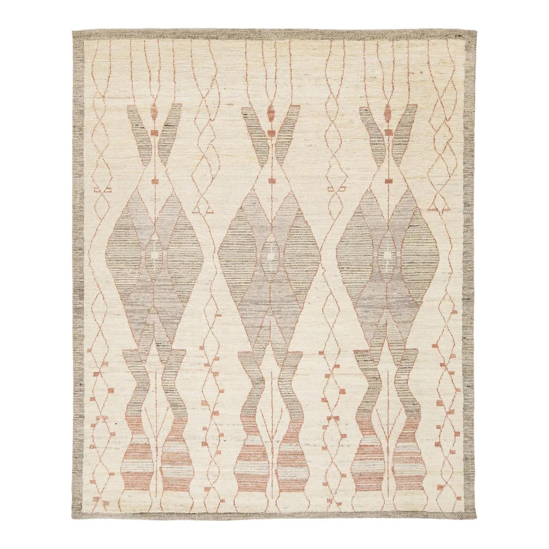 7'9" x 9'9" Hand Knotted Wool Rug Moroccan Inspired Diamond Motif: 7'9" x 9'9" Hand Knotted Wool Rug Moroccan Inspired Diamond Motif Contemporary Moroccan-inspired hand-knotted wool rug with a minimalist palette of cream, muted slate grey, and warm terracotta. It fea