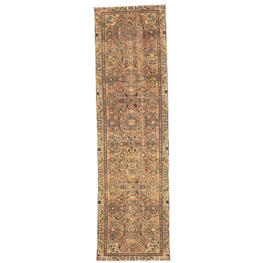 Wool tribal runner rug 2'10 x 10'2 floral muted vintage: Wool tribal runner rug 2'10 x 10'2 floral muted vintage Enhance your living space with this Semi-Antique Oriental Runner Rug featuring a muted floral design. Measuring 2'10" x 10'2", this hand-knotted