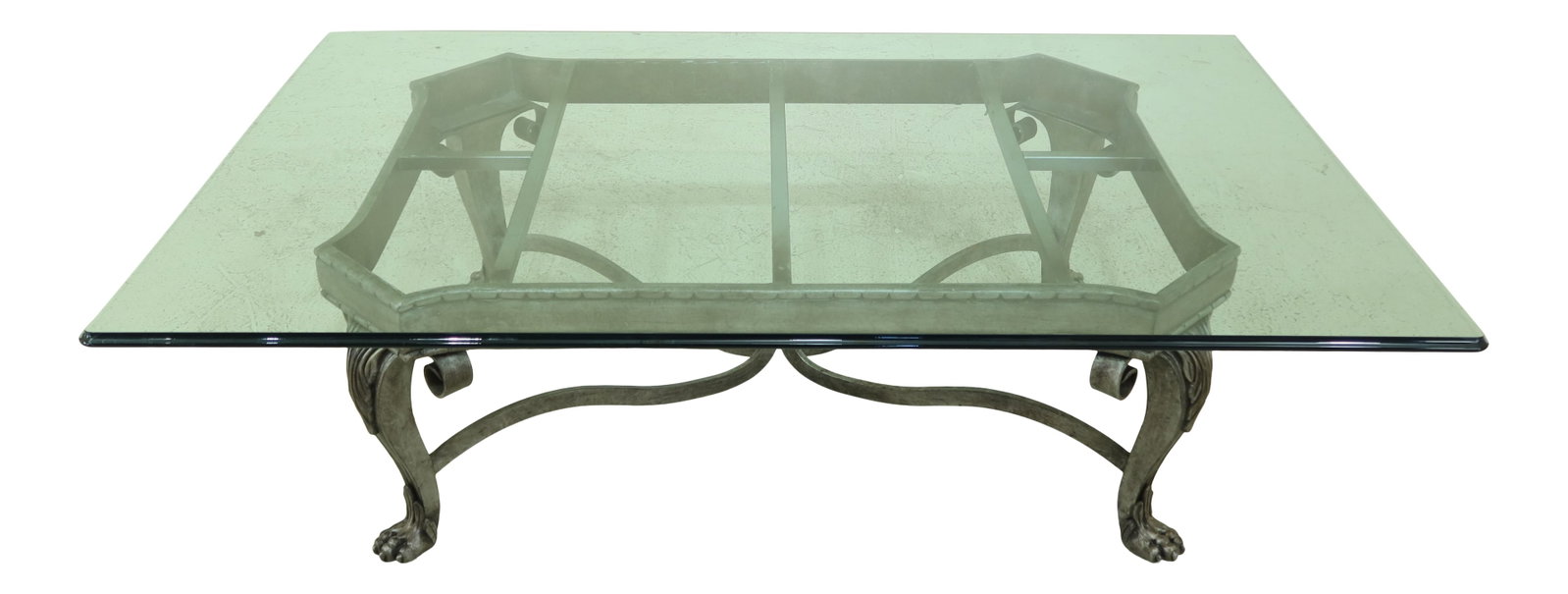Elegant Modern Regency Coffee Table with Glass Top and Paw Feet: Elegant Modern Regency Coffee Table with Glass Top and Paw Feet This large coffee table features a stunning beveled glass top supported by a durable silver-finished iron base with elegant gold wash hi