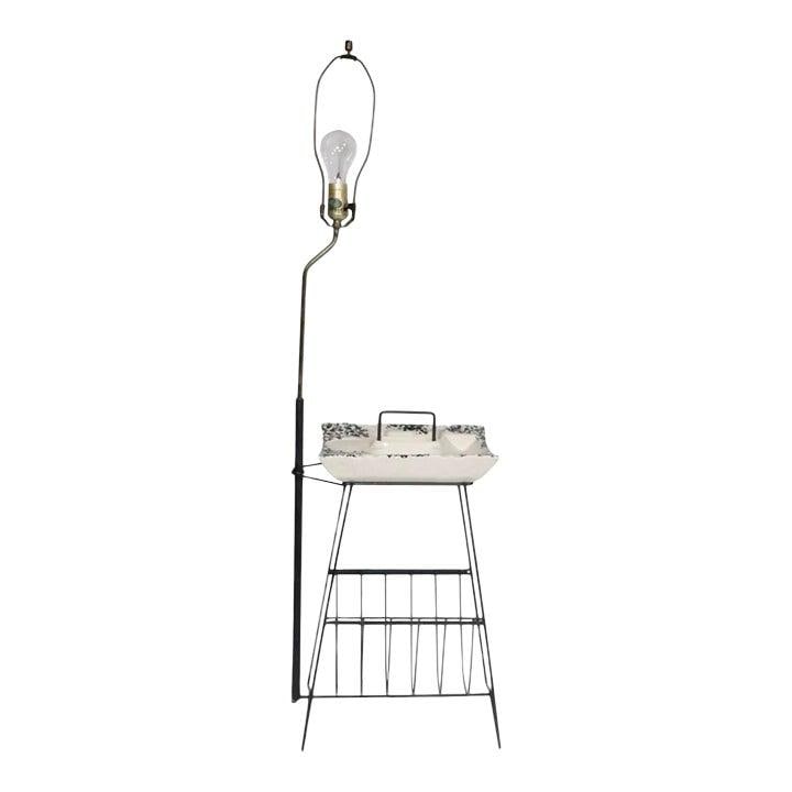 1950s Floor Lamp Ashtray with Wrought Iron and Brass Magazine Rack (1 of 10)