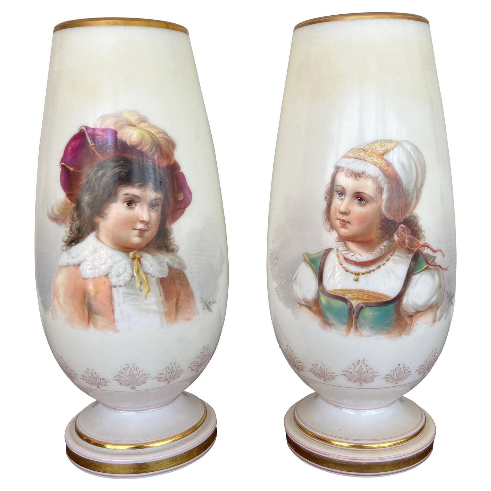 Antique Art Nouveau Opaline Vases Set of 2 by Josef Ahne: Antique Art Nouveau Opaline Vases Set of 2 by Josef Ahne This exquisite pair of antique Baccarat School opaline portrait vases, hand painted by Josef Ahne, features stunning depictions of young childr