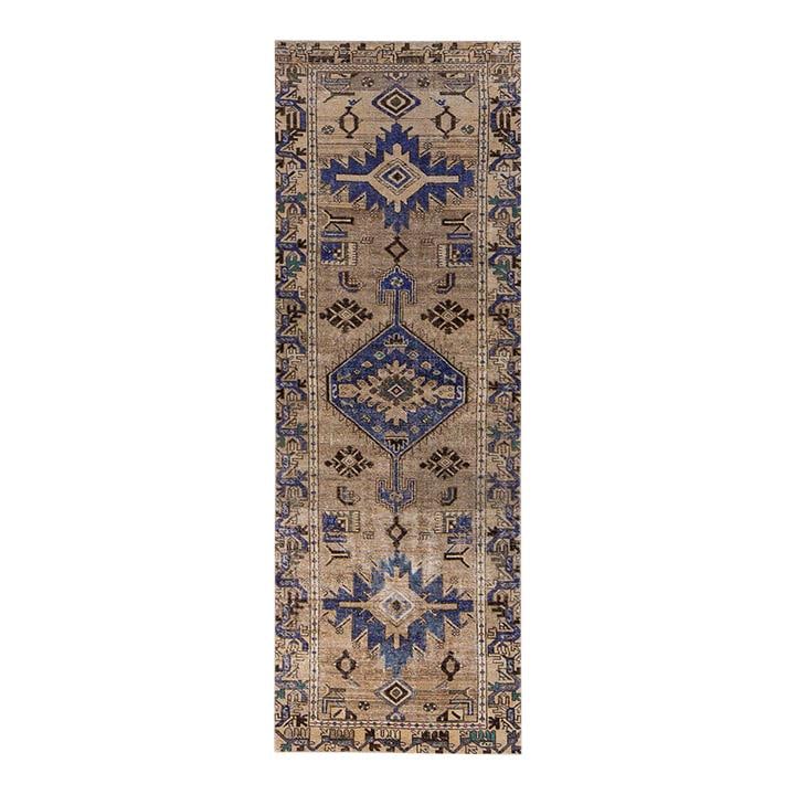 Vintage Hand-Knotted Wool Runner Brown Geometric Design 3'2" x 9'2": Vintage Hand-Knotted Wool Runner Brown Geometric Design 3'2" x 9'2" Enhance your space with this beautiful Vintage Shabby Chic hand-knotted wool runner. Featuring a rich brown field adorned with blue 