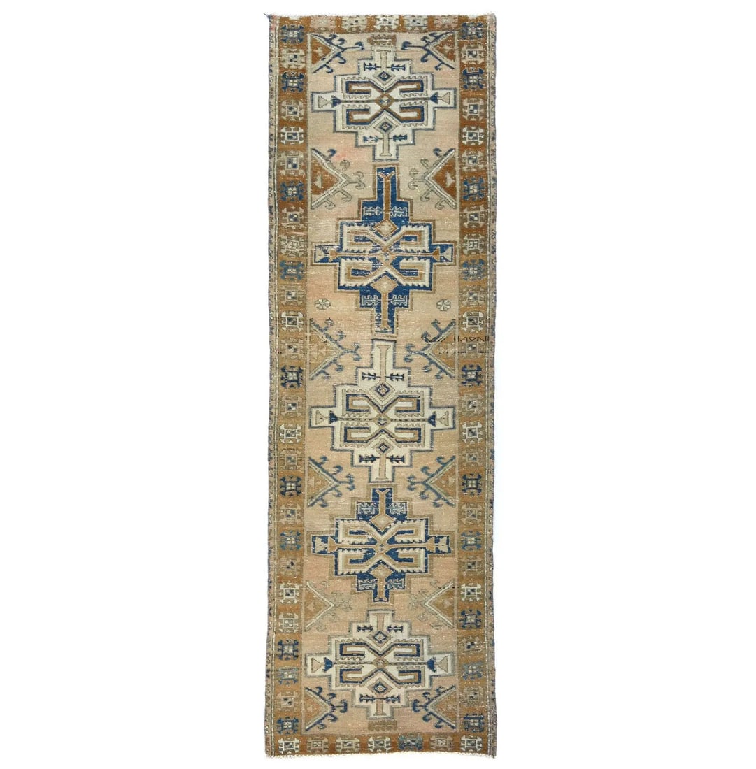 Hand Knotted Wool Tribal Runner 2'10 x 9'3 Vintage Oriental Rug: Hand Knotted Wool Tribal Runner 2'10 x 9'3 Vintage Oriental Rug Enhance your space with this semi-antique vintage Oriental rug featuring a stunning tribal design, perfect for hallways or any room in y