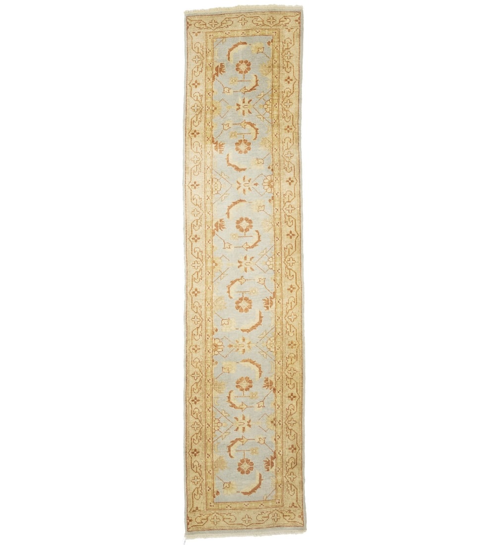 Hand Knotted Wool Oushak Floral Runner 2'10 x 12'2: Hand Knotted Wool Oushak Floral Runner 2'10 x 12'2 Enhance your space with this beautiful Floral Style Oushak Hallway Runner Rug, handcrafted in Western Asia. This exquisite piece measures 2'10" x 12'