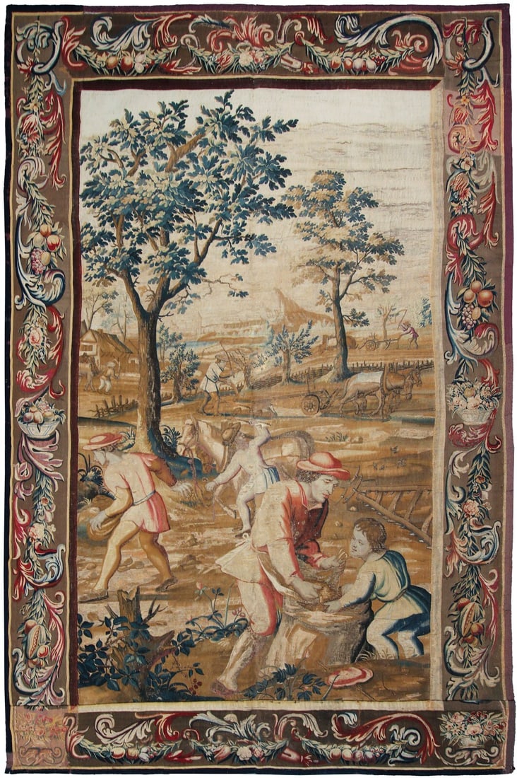 18th Century French Verdure Wool Silk Wall Tapestry 7x11ft: 18th Century French Verdure Wool Silk Wall Tapestry 7x11ft This is an authentic 18th-century French Verdure tapestry, handwoven in Belgium using wool and silk. The tapestry features a verdant scene wi