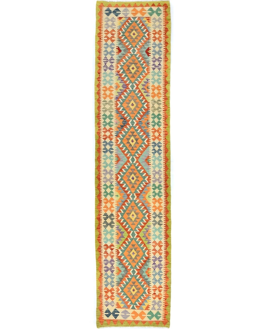Wool Hand Woven Tribal Kilim Runner 2'10 x 12'8 Multicolored Geometric: Wool Hand Woven Tribal Kilim Runner 2'10 x 12'8 Multicolored Geometric This reversible multicolored tribal Kilim runner rug features a geometric pattern and is hand-woven from wool. With a flat pile a