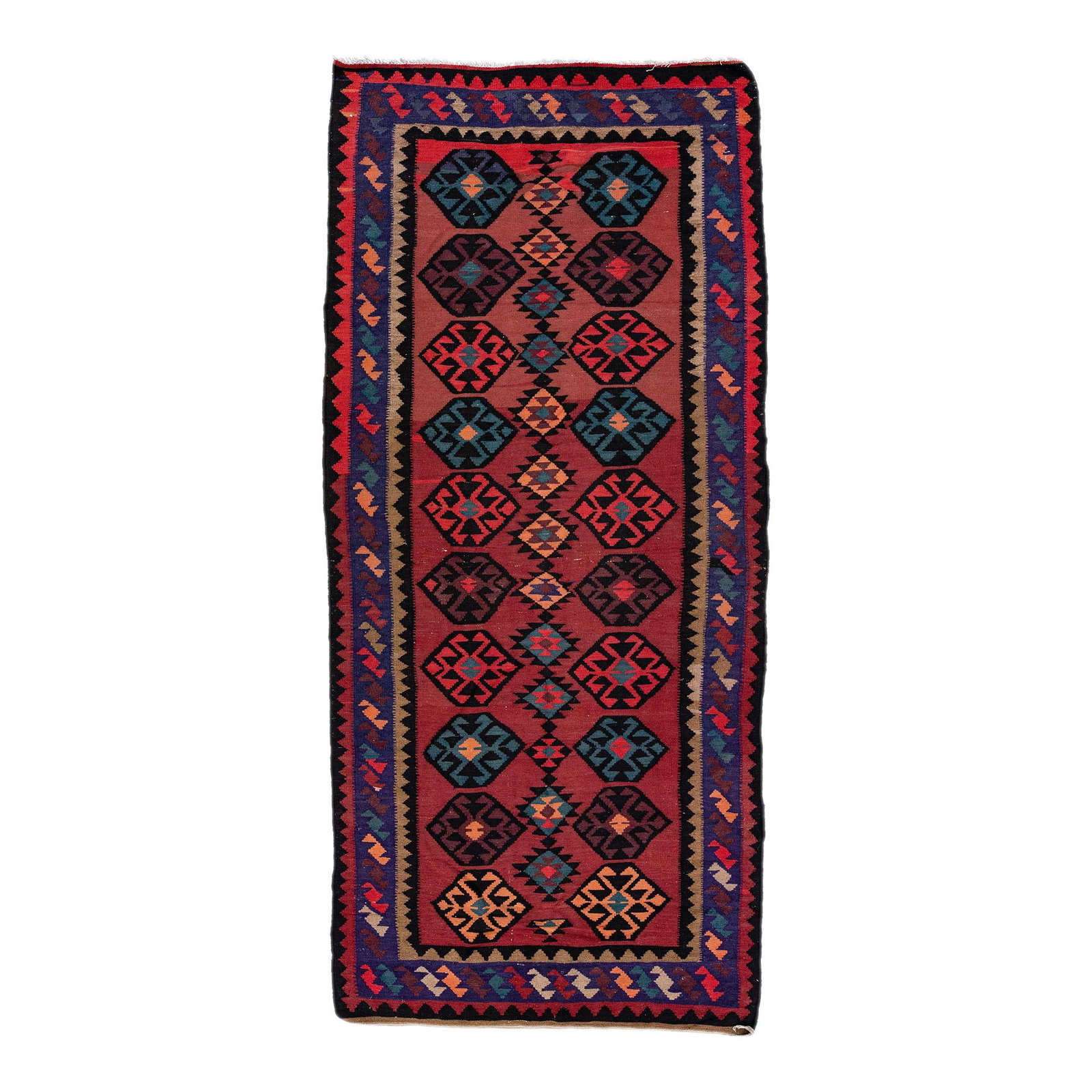 Vintage Turkish Kilim Handmade Wool Rug Red Tribal Design 5'8 x 12'2: Vintage Turkish Kilim Handmade Wool Rug Red Tribal Design 5'8 x 12'2 Discover the charm of this vintage Turkish Kilim rug, meticulously hand-knotted from high-quality wool. Featuring a striking brick 