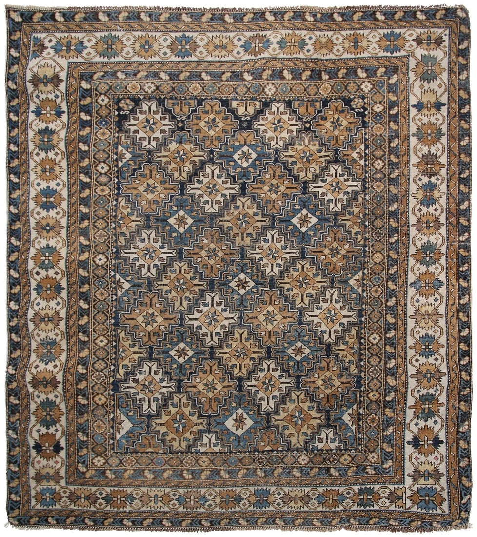 Antique Kuba Shirvan Tribal Wool Rug 4x5 Blue Circa 1880: Antique Kuba Shirvan Tribal Wool Rug 4x5 Blue Circa 1880 This is an original antique Caucasian Kuba Shirvan rug from circa 1880, featuring a striking geometric pattern in blue, ivory, gold, brown, lig