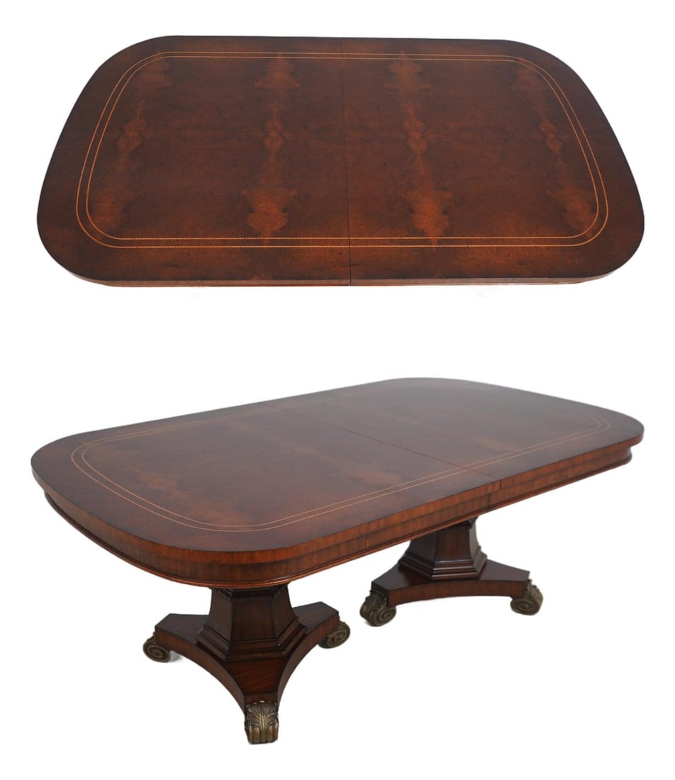 Double Pedestal Regency Dining Table With Mahogany Inlay Burl Walnut Top: Double Pedestal Regency Dining Table With Mahogany Inlay Burl Walnut Top This elegant double pedestal dining table features quality mahogany construction with intricate inlay work throughout. The tabl