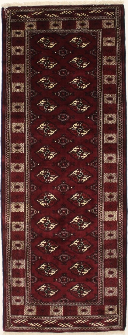 Tribal Wool Runner Rug 3'4 x 9'0 Geometric Maroon Ivory Black: Tribal Wool Runner Rug 3'4 x 9'0 Geometric Maroon Ivory Black This hand-knotted wool tribal runner rug features a geometric pattern in maroon, red, ivory, and black tones. Suitable for areas like hall