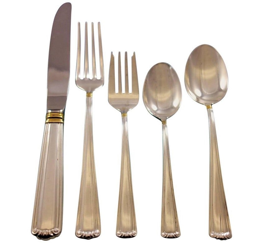 Lunt Embassy Scroll Gold Sterling Silver 60 Piece Flatware Set: Lunt Embassy Scroll Gold Sterling Silver 60 Piece Flatware Set This is a Lunt Embassy Scroll Gold sterling silver flatware set, featuring a total of 60 dinner-size pieces. The set includes 12 dinner k