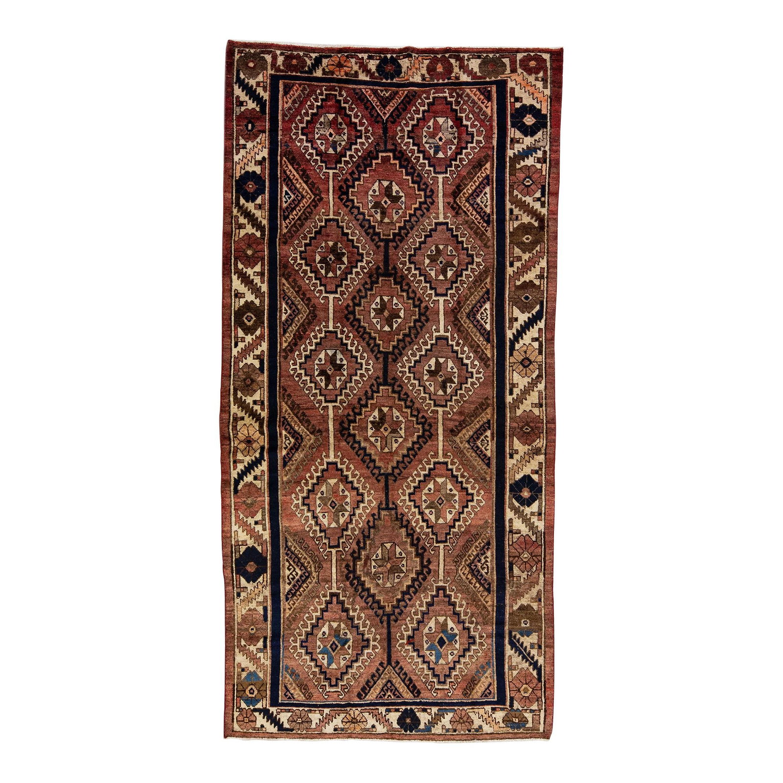 1960s Handmade Shiraz Wool Rug Brown Medallion Design 5'2 x 10'8: 1960s Handmade Shiraz Wool Rug Brown Medallion Design 5'2 x 10'8 This exquisite vintage Shiraz rug features a stunning hand-knotted design, showcasing a rich brown field complemented by a beige frame 