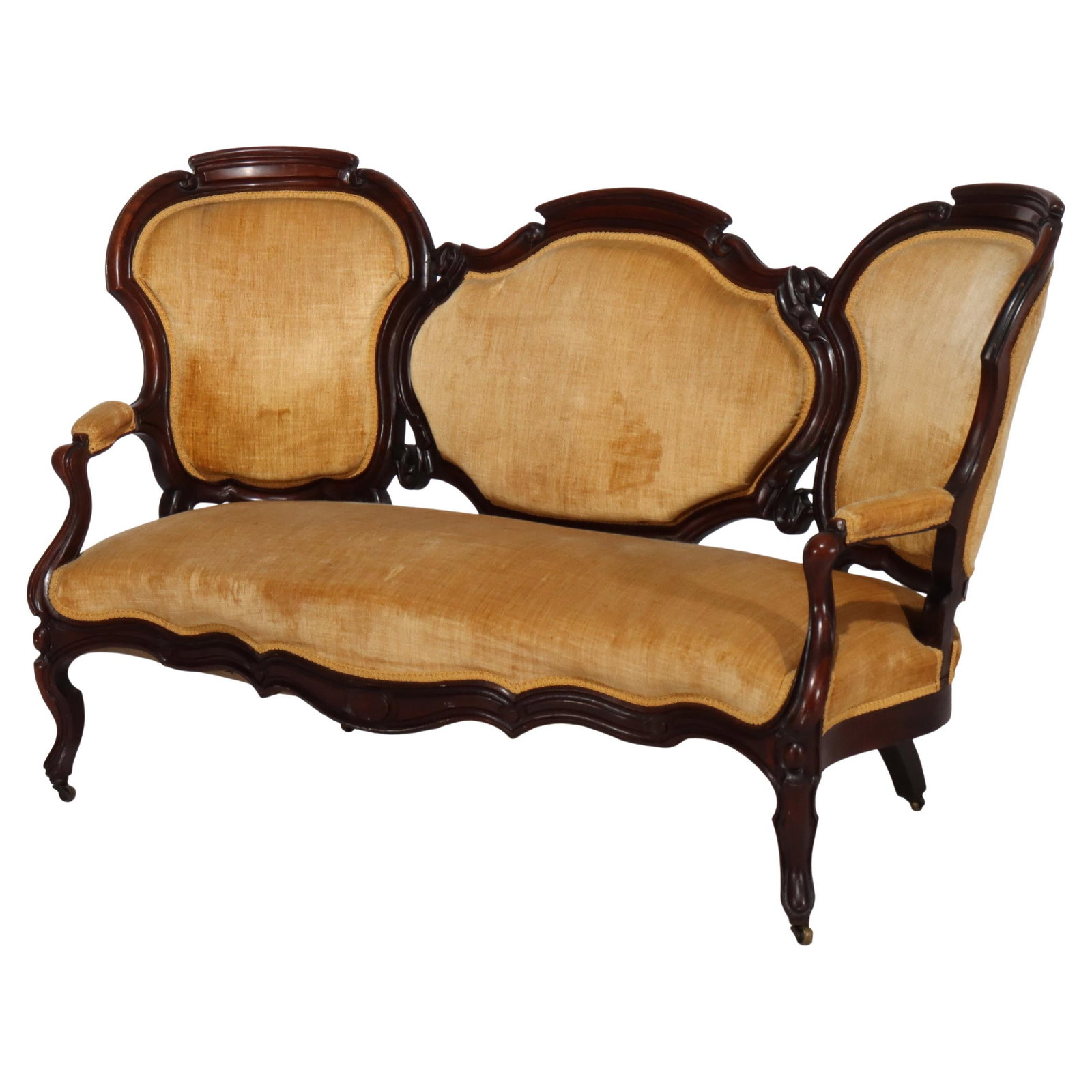 Victorian Carved Walnut Three Panel Back Sofa C1880: Victorian Carved Walnut Three Panel Back Sofa C1880 Discover the elegance of this Antique Victorian Carved Walnut Three Panel Back Sofa, dating back to circa 1880. This exquisite piece features a beau
