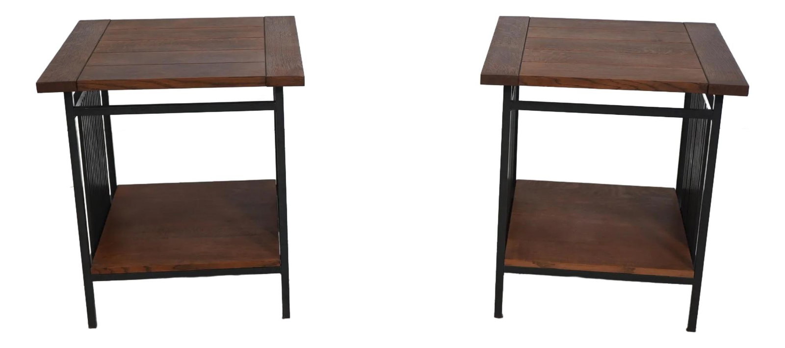 Arts & Crafts Pair Oak Iron End Tables by Charleston Forge: Arts & Crafts Pair Oak Iron End Tables by Charleston Forge This exquisite pair of Stickley Charleston Forge end tables features solid oak tops and high-quality construction, embodying the classic Arts