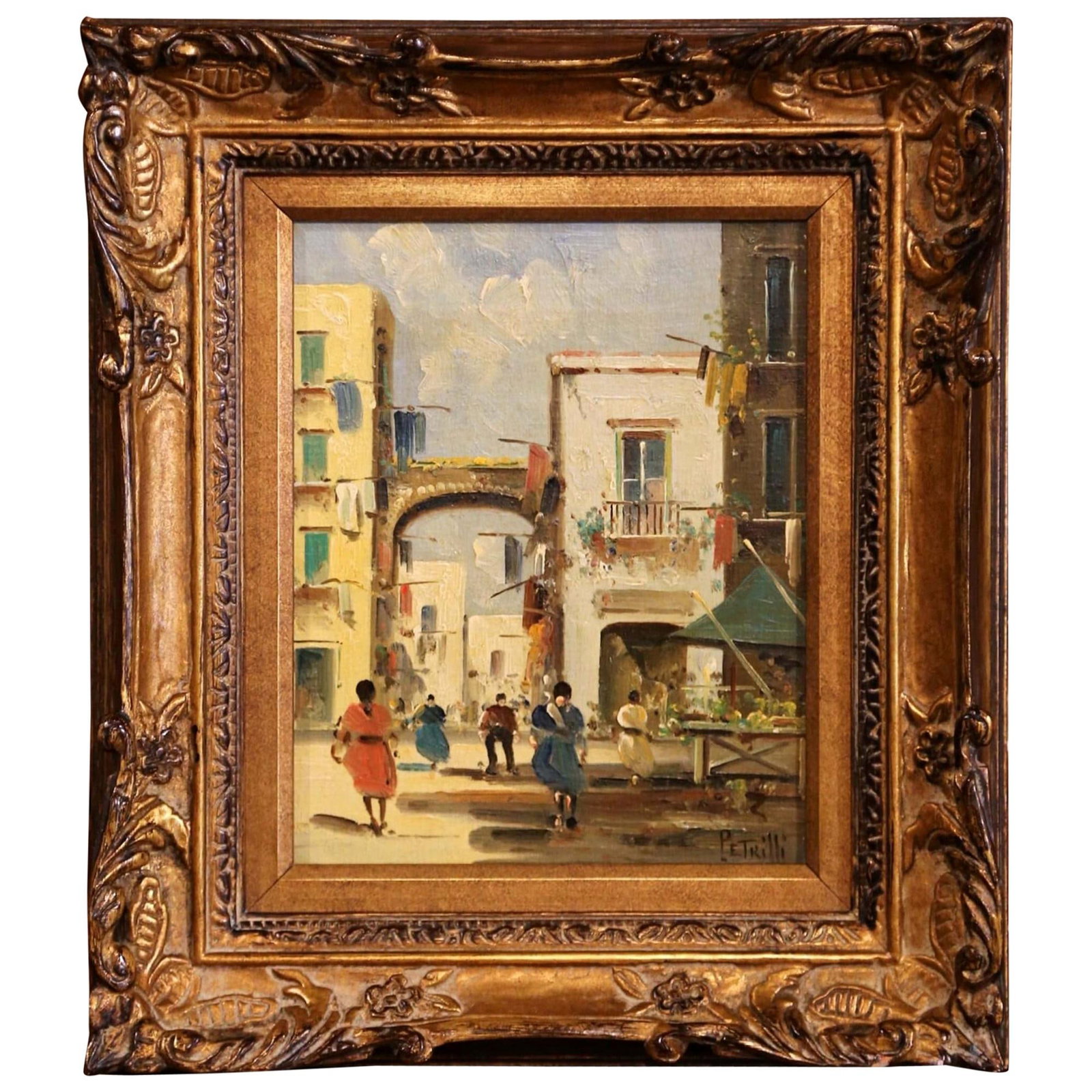 Vintage Oil on Canvas Street Scene by N. Petrilli Italy 1920 (1 of 7)