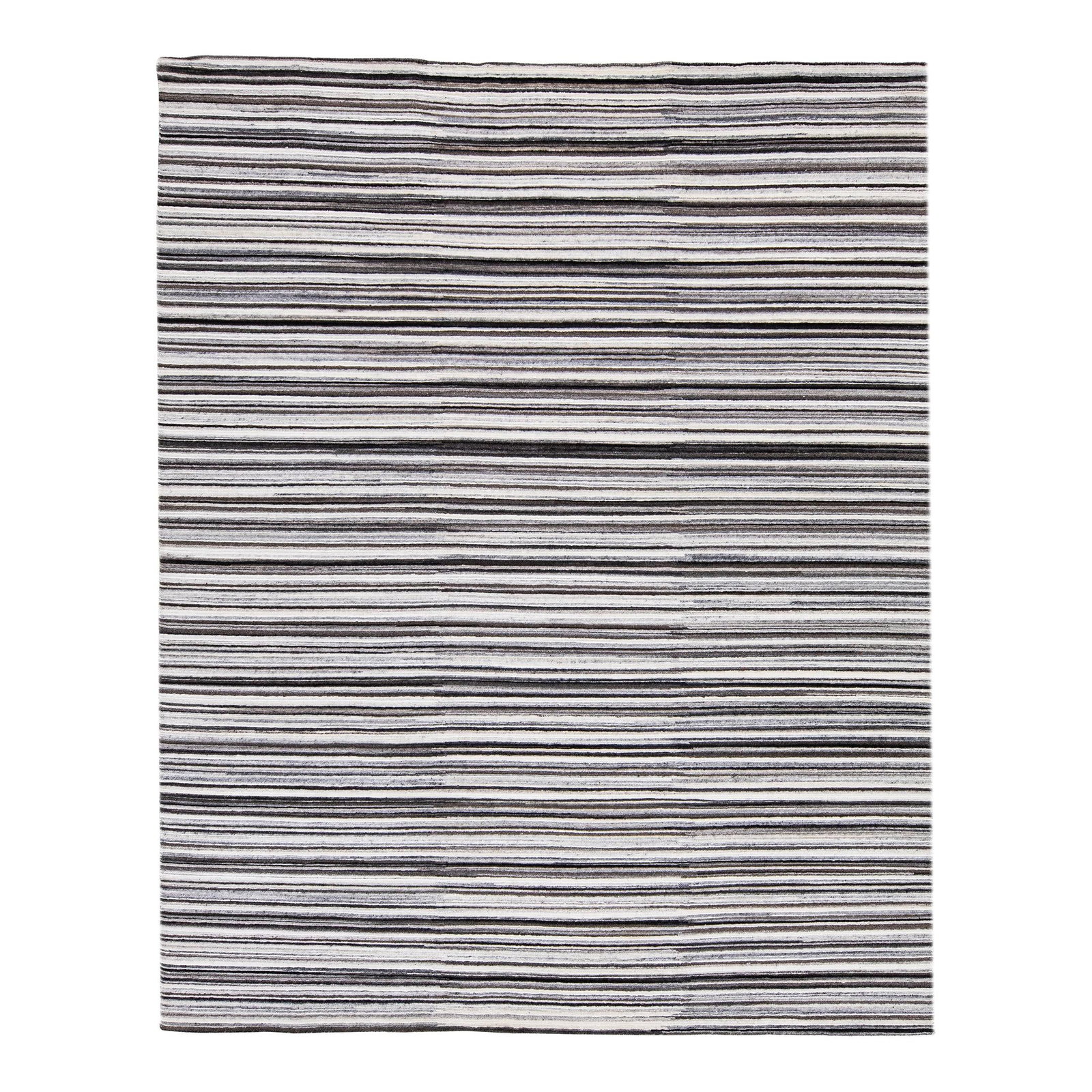 Modern Handmade Wool Rug 7'11 x 9'11 Ivory Brown Stripes: Modern Handmade Wool Rug 7'11 x 9'11 Ivory Brown Stripes Enhance your living space with this exquisite modern handmade wool rug, featuring a striking ivory color field complemented by a beautifully de