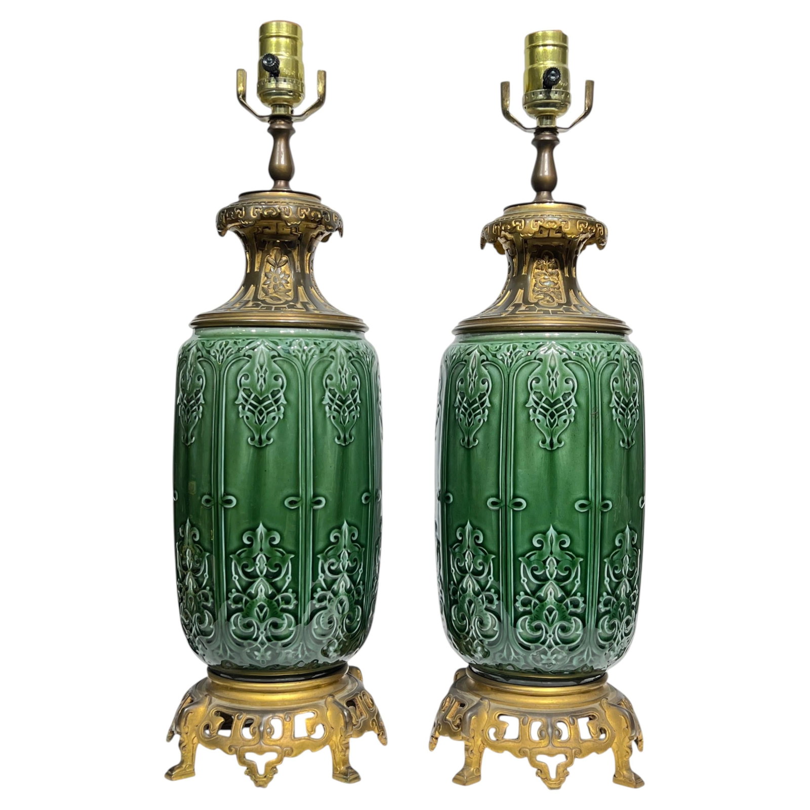 Set of 2 Chinoiserie Ceramic and Bronze Table Lamps Attributed to Theodore Deck (1 of 7)