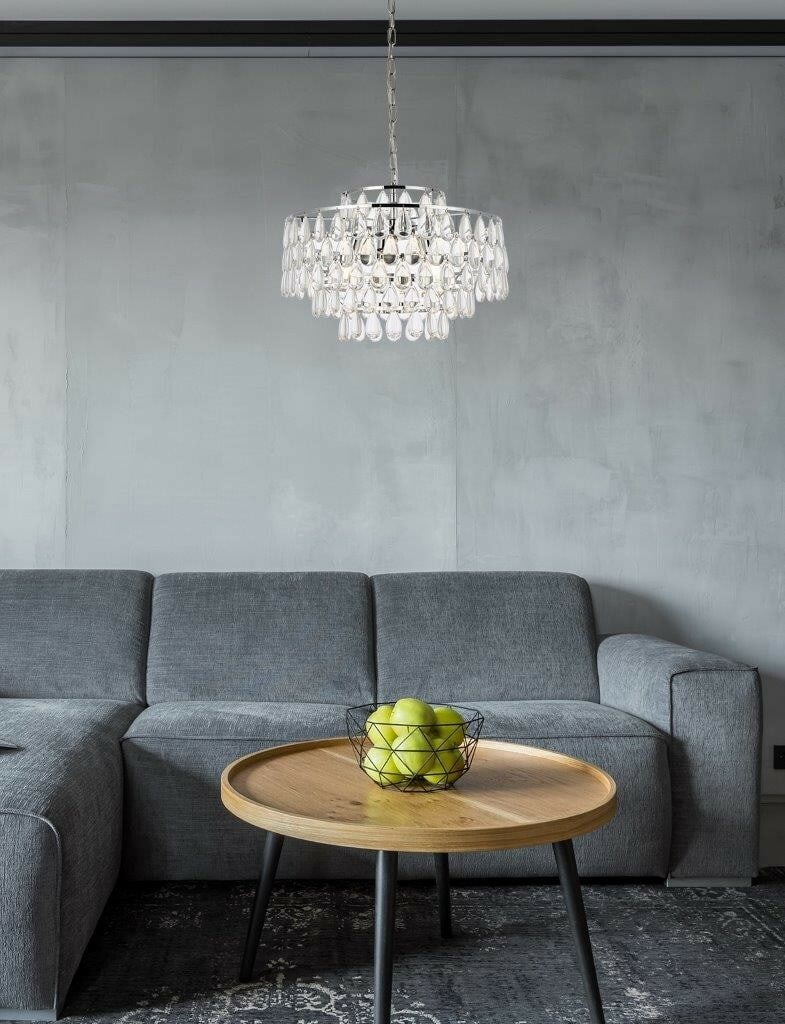 Living District Mila 5-Light Chrome Crystal Pendant 20 Inch: Living District Mila 5-Light Chrome Crystal Pendant 20 Inch This modern pendant chandelier features five high-quality glass or crystal drops and a polished chrome or silver finish, offering a sophisti