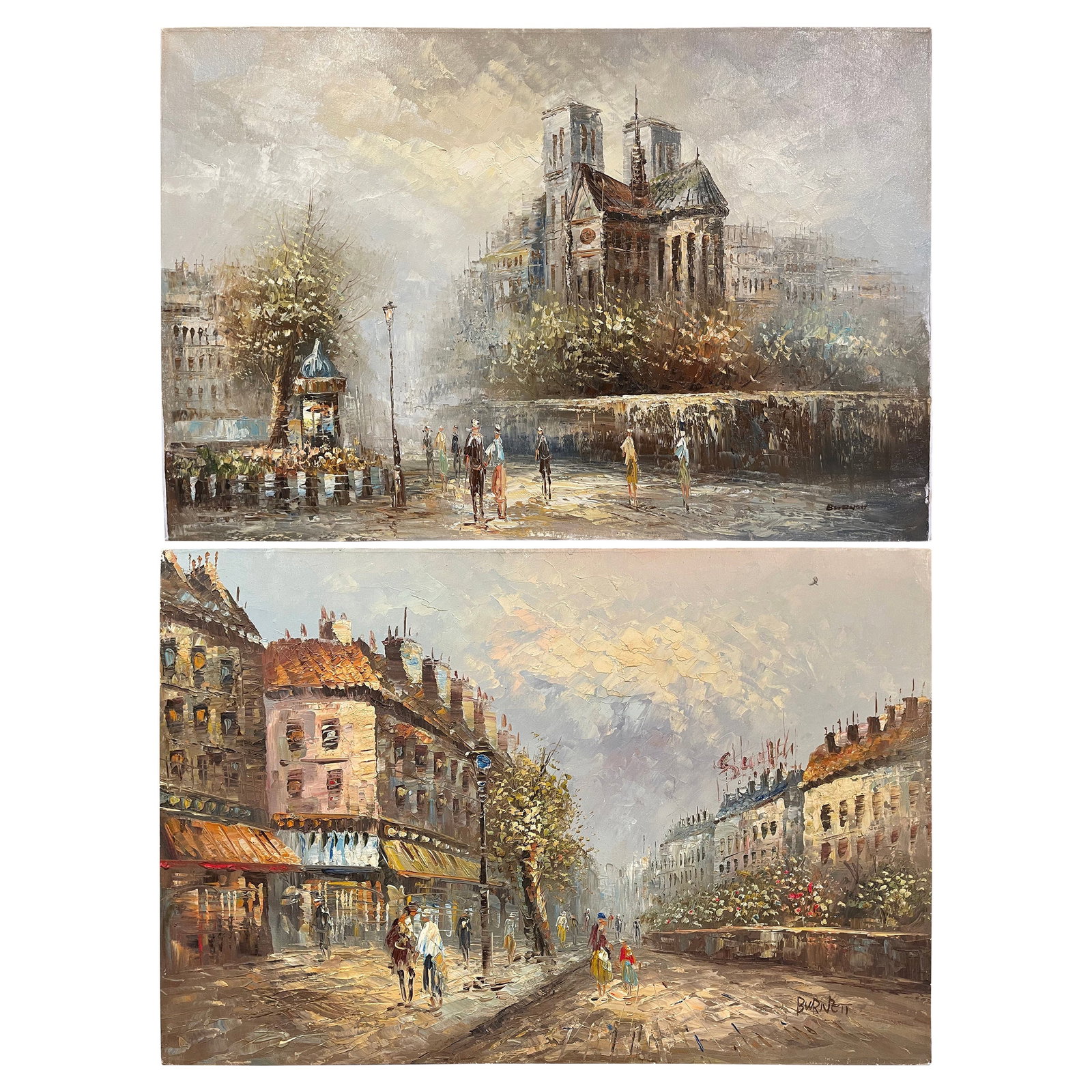 Set of 2 Paris Landmark Oil Paintings Signed by Caroline Burnett: Set of 2 Paris Landmark Oil Paintings Signed by Caroline Burnett This elegant pair of mid-20th century oil paintings features colorful Parisian scenes, hand painted on canvas by American artist Caroli