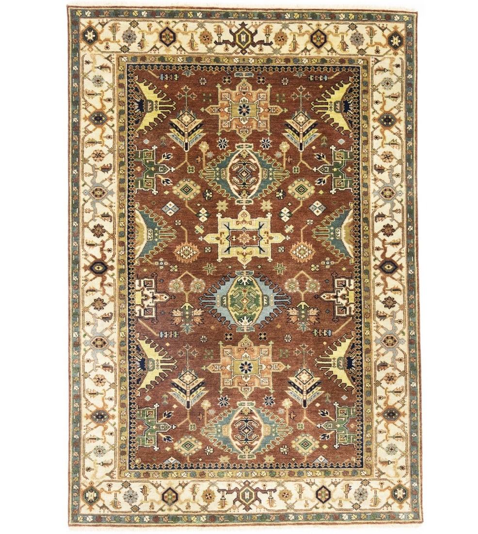 Handmade Indo-Karajeh Wool Rug Geometric Tribal Design 6'0 x 8'10: Handmade Indo-Karajeh Wool Rug Geometric Tribal Design 6'0 x 8'10 Enhance your space with this stunning Handmade Indo-Karajeh Rug, featuring a captivating geometric tribal design. This beautiful area 