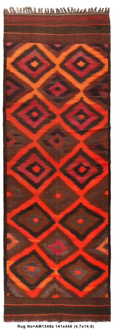 4.8 x 14.5 Afghan Kilim Wide Runner Wool Geometric Patterns: 4.8 x 14.5 Afghan Kilim Wide Runner Wool Geometric Patterns Free continental US Shipping Enhance your space with this stunning 4.8' x 14.5' Afghan Kilim Wide Runner, a remarkable piece of traditional 