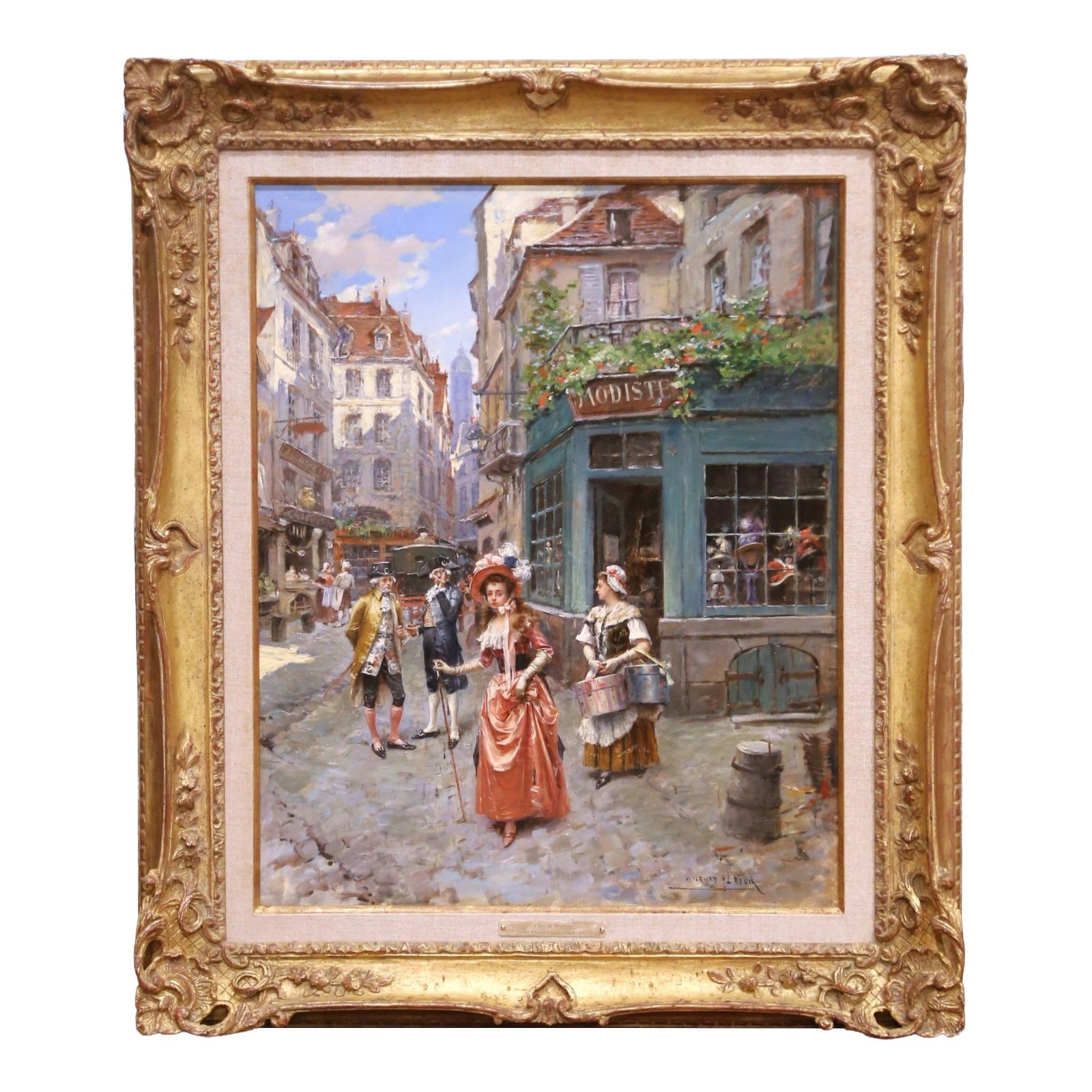 Belle Epoque Parisian Street Scene Oil Painting Signed by Henri Victor Lesur: Belle Epoque Parisian Street Scene Oil Painting Signed by Henri Victor Lesur This late 19th-century French painting, titled "Chez la Modiste," is an oil on board composition by Henri Victor Lesur (186