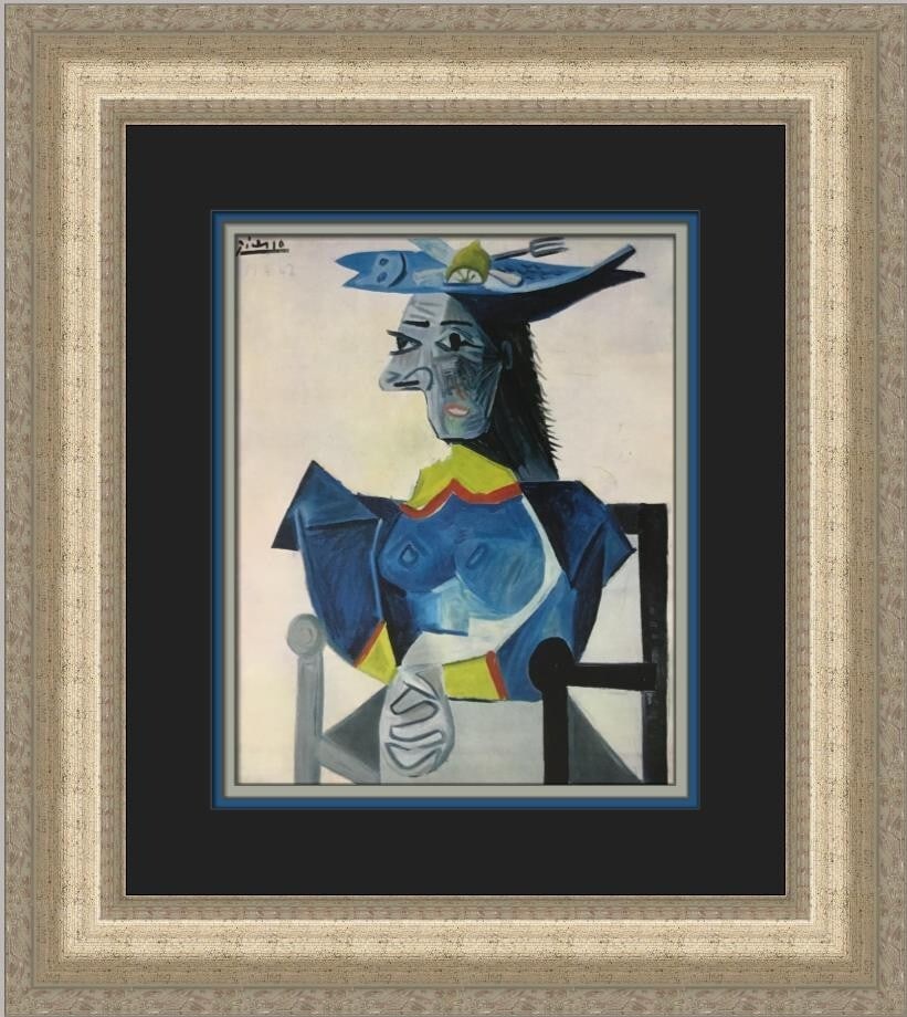 Pablo Picasso Woman with Fish Hat Custom Framed Print 1996: Pablo Picasso Woman with Fish Hat Custom Framed Print 1996 Presenting a stunning custom framed print of Pablo Picasso's "A Woman with Fish Hat." This piece is a medium-sized artwork that beautifully c