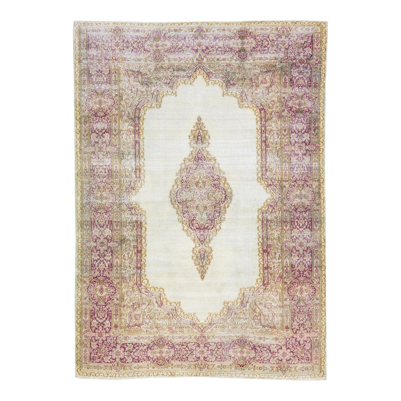 1960s Handmade Persian Medallion Ivory Wool Rug 7'10 x 11: 1960s Handmade Persian Medallion Ivory Wool Rug 7'10 x 11 This exquisite vintage Persian rug features a distressed hand-knotted design crafted from high-quality wool. The ivory color field is beautifu