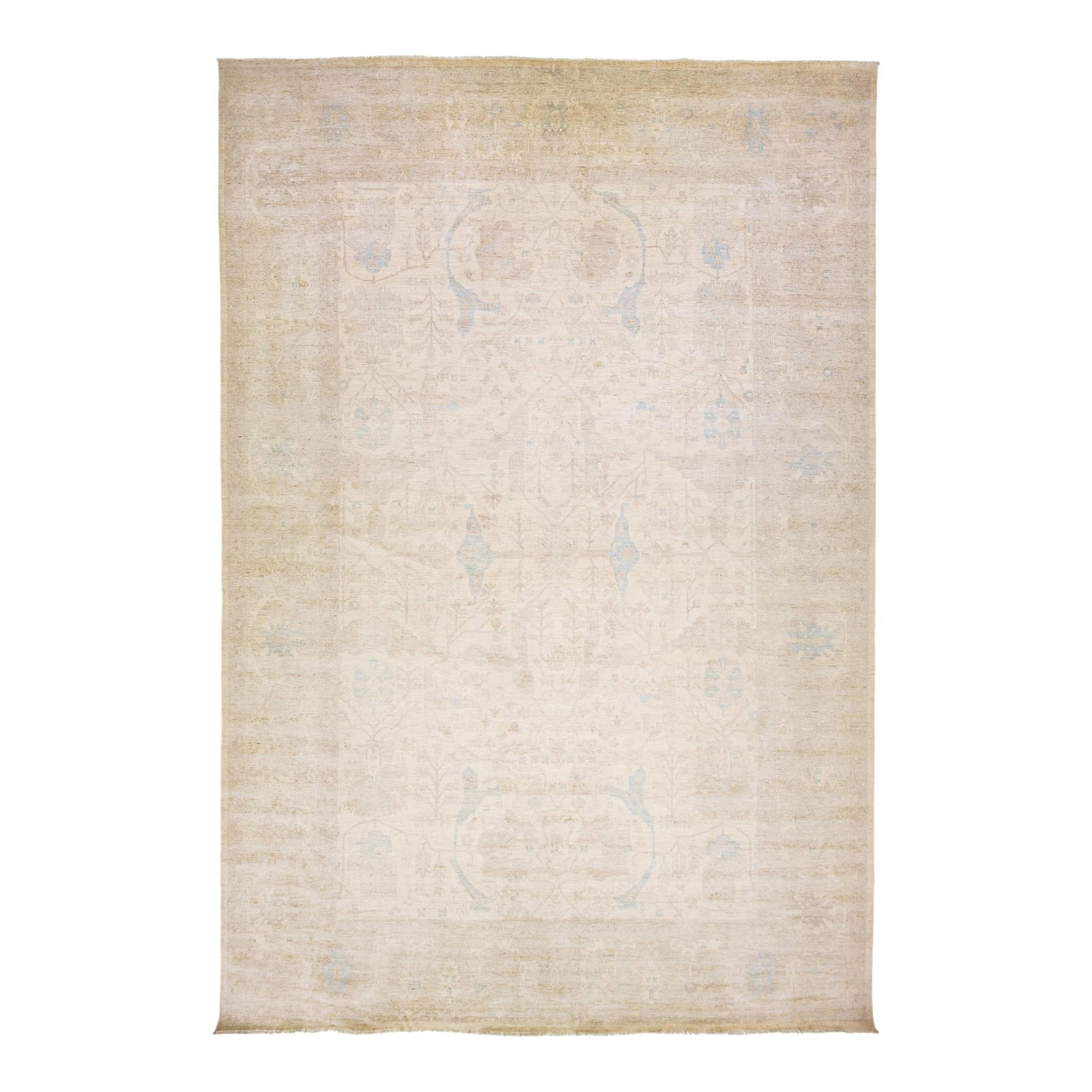 Modern Oushak Wool Rug 12'5 x 18'5 Beige Floral Design: Modern Oushak Wool Rug 12'5 x 18'5 Beige Floral Design Transform your space with this stunning modern Oushak hand-knotted wool rug. Featuring a warm beige color field, this piece is beautifully adorne