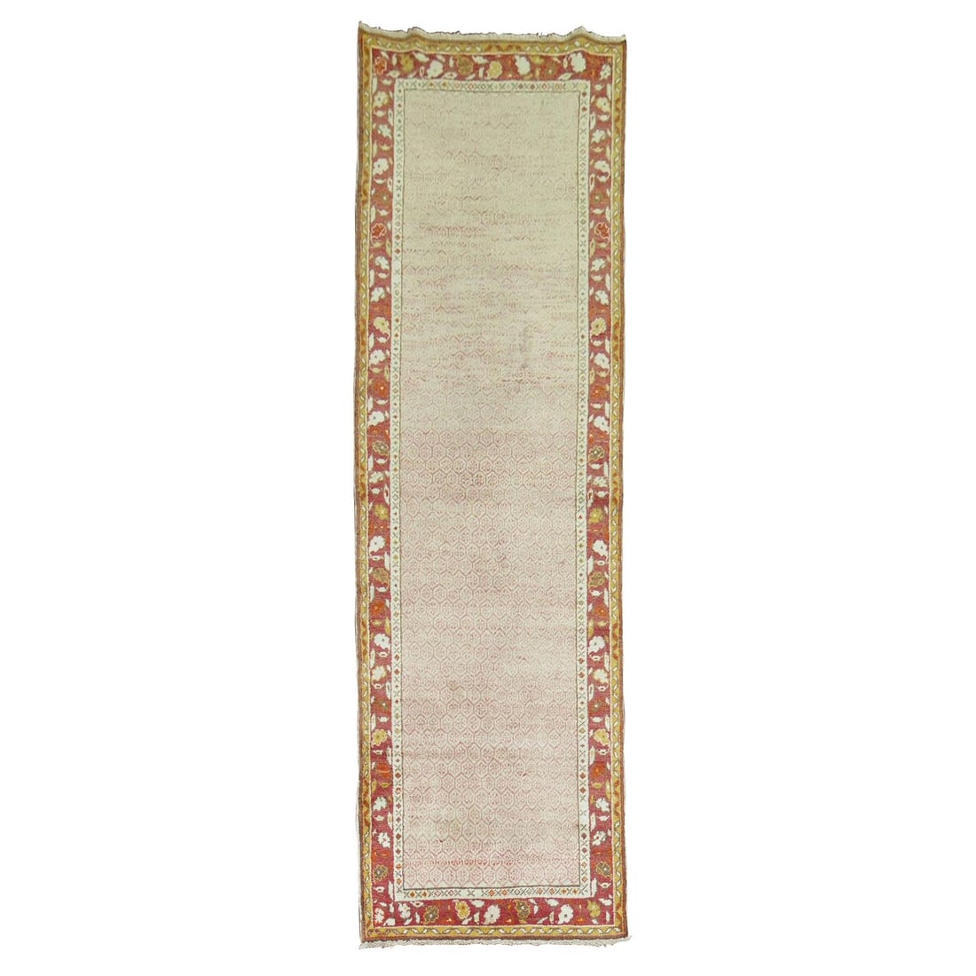 Turkish Oushak Wool Runner Soft Pink Cream Field 34 x 105: Turkish Oushak Wool Runner Soft Pink Cream Field 34 x 105 This early 20th century Turkish Oushak runner features a handwoven wool construction with a soft pink and cream field, complemented by a soft 