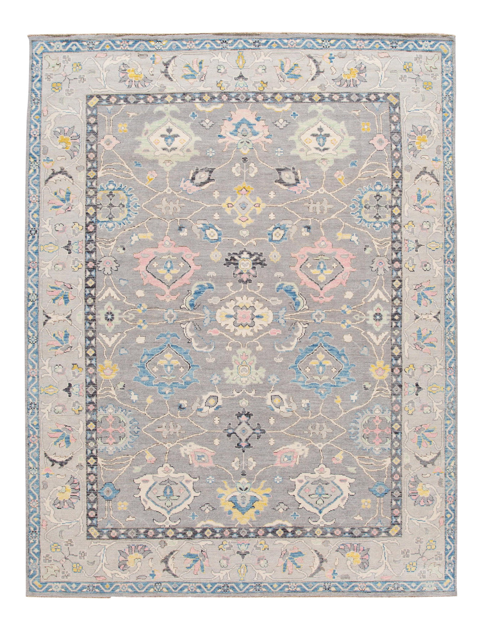 Oversize Gray Oushak Hand-Knotted Wool Rug 9'4 x 12'2: Oversize Gray Oushak Hand-Knotted Wool Rug 9'4 x 12'2 Enhance your living space with this stunning contemporary oversized Oushak hand-knotted wool rug. Featuring an elegant botanical floral design set