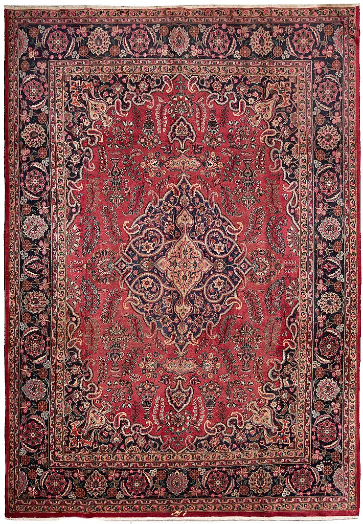 Signed Persian Khorasan Mashad Rug 9.9 x 13.0 ft Hand Knotted Wool: Signed Persian Khorasan Mashad Rug 9.9 x 13.0 ft Hand Knotted Wool Free continental US Shipping This signed Persian Khorasan Mashad rug is a hand-knotted area rug crafted from 3/8 inch wool pile, orig