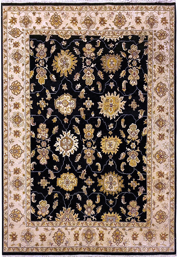 8 x 10 Handmade Black Agra Wool Area Rug with Intricate Patterns: 8 x 10 Handmade Black Agra Wool Area Rug with Intricate Patterns Free continental US Shipping Enhance your space with this exquisite 8' x 10' Quality Agra Rug in a deep black hue, showcasing refined c