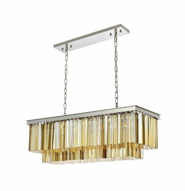 Sydney 12 Light Polished Nickel Crystal Chandelier 40 Inch: Sydney 12 Light Polished Nickel Crystal Chandelier 40 Inch This modern chandelier features a polished nickel frame adorned with golden teak (smoky) royal cut crystals, offering a sophisticated centerp