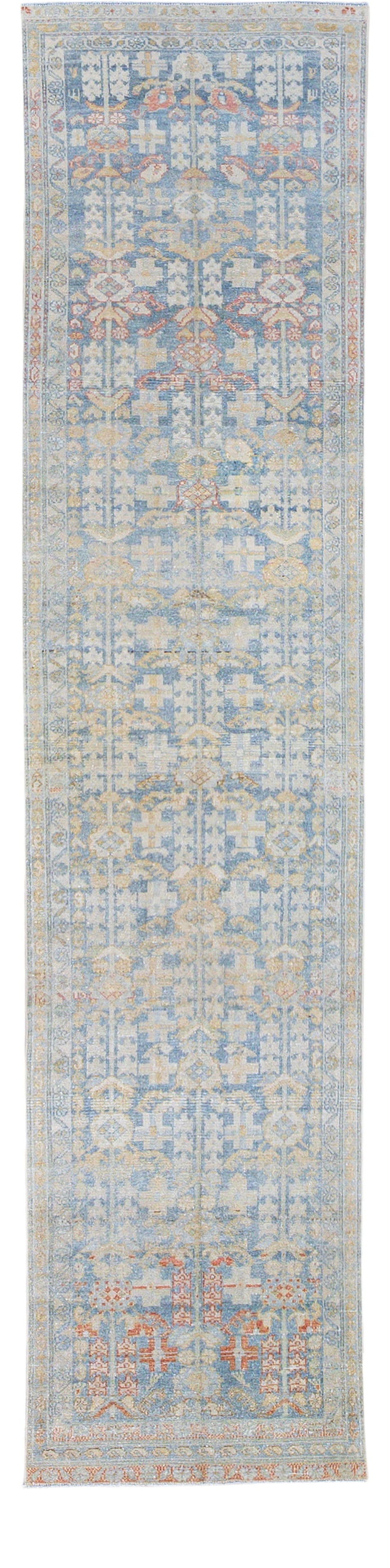 Vintage Malayer Blue Wool Runner Medallion Floral Design 3' x 13'1": Vintage Malayer Blue Wool Runner Medallion Floral Design 3' x 13'1" Enhance your space with this stunning vintage Malayer handmade wool runner. Featuring a captivating blue field, this rug showcases a