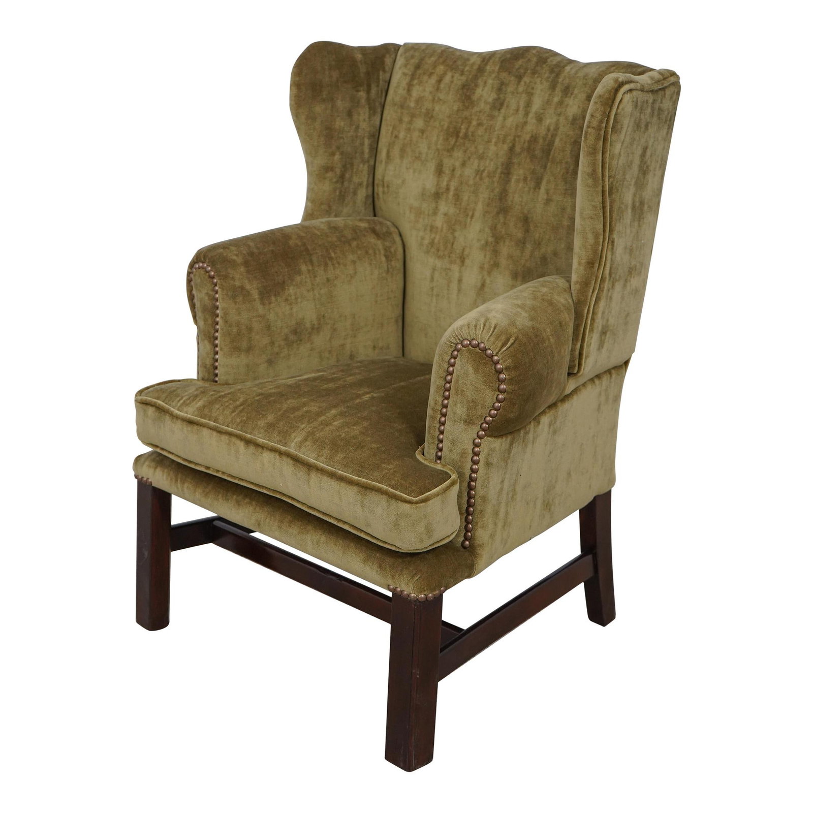 Chippendale 18th Century Youth Wing Chair Brown Upholstery Stretcher Base: Chippendale 18th Century Youth Wing Chair Brown Upholstery Stretcher Base This Chippendale 18th Century Style Youth Wing Chair showcases exquisite craftsmanship and traditional design, making it a tim