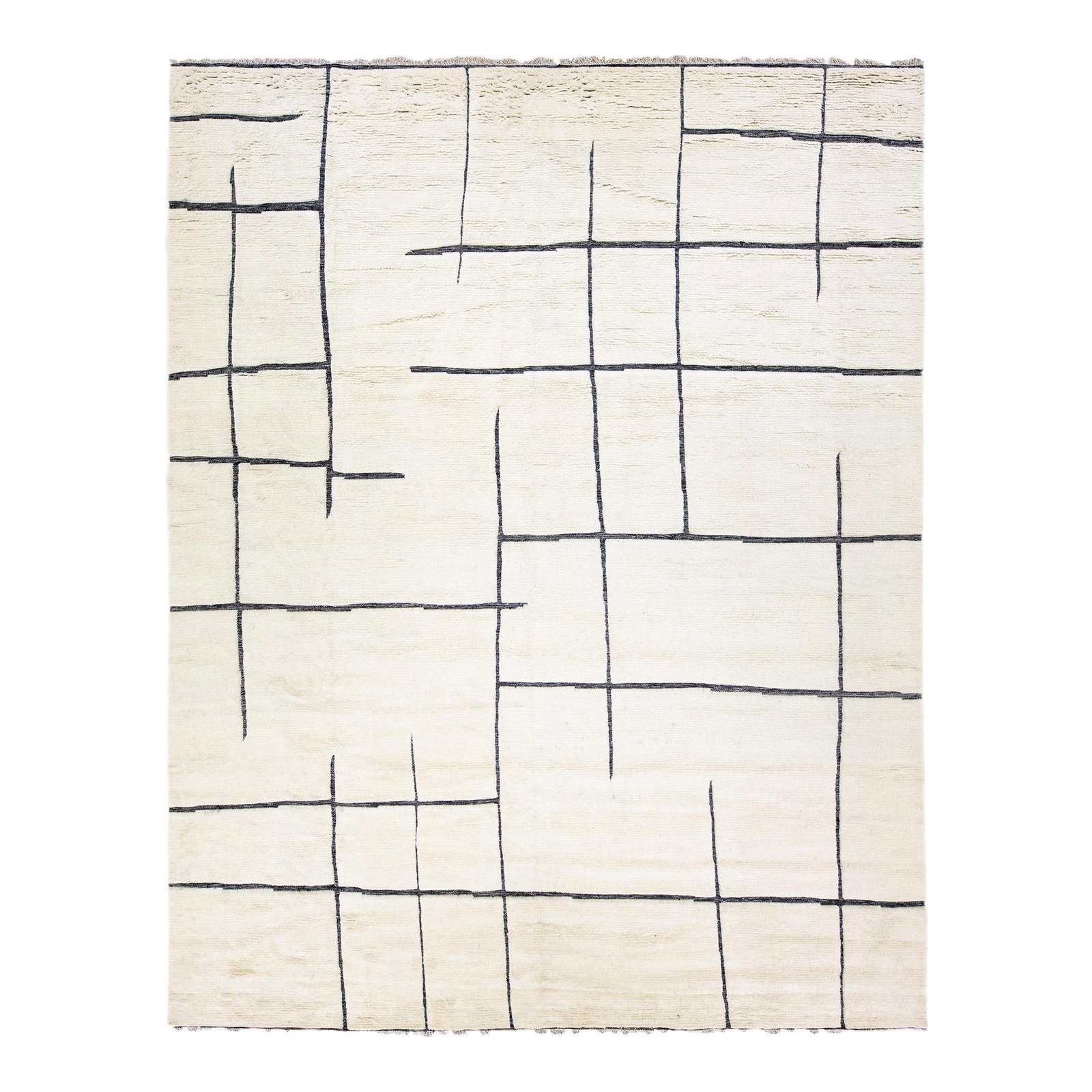 Ivory Handmade Moroccan Wool Rug 12' x 15'2' Geometric Design: Ivory Handmade Moroccan Wool Rug 12' x 15'2' Geometric Design Enhance your space with this exquisite Modern Moroccan Style handmade wool rug, featuring a serene ivory field complemented by striking da