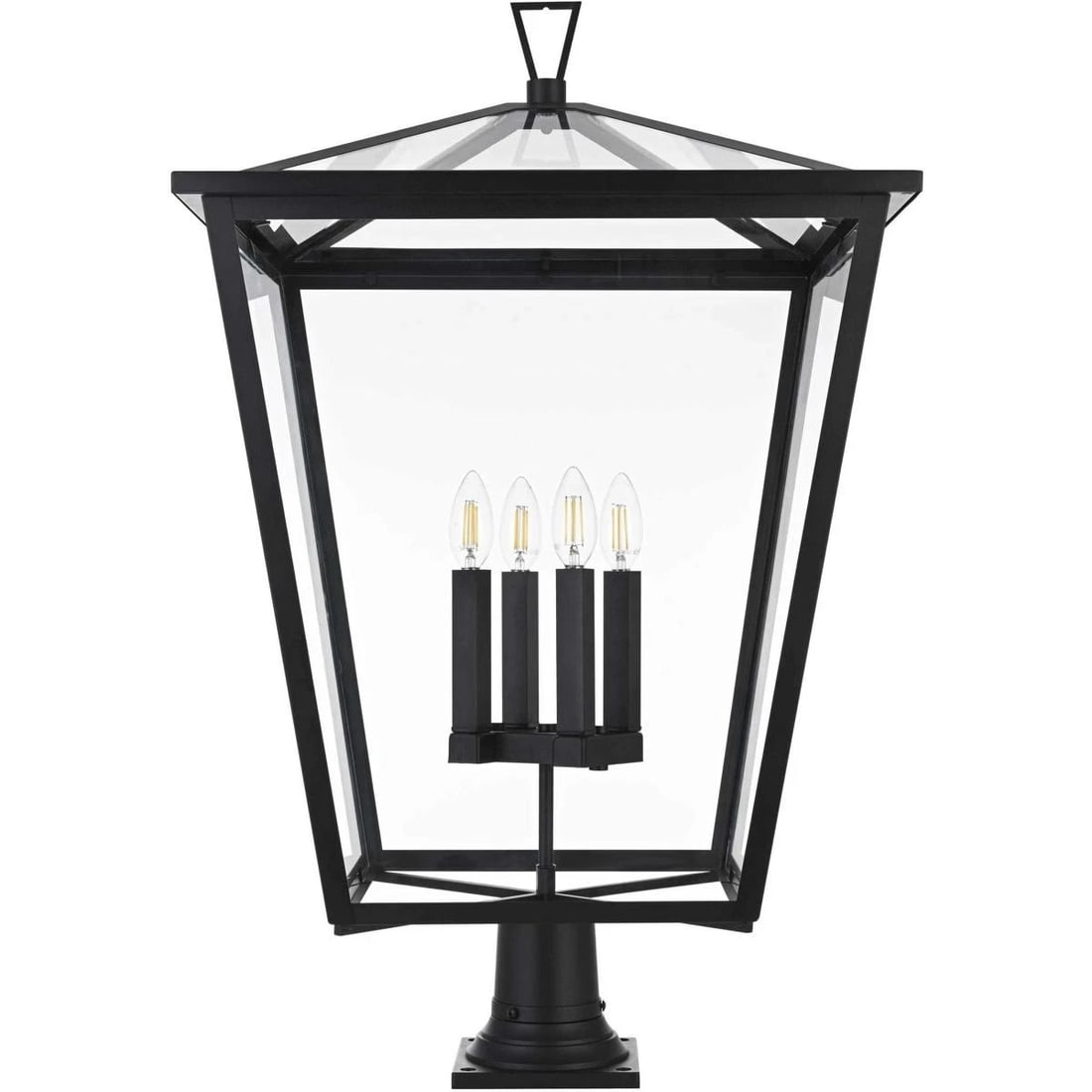 Frankford 4-Light Outdoor Post Lantern Black Clear Glass: Frankford 4-Light Outdoor Post Lantern Black Clear Glass Outdoor wall-mounted pole light with 4 lights, clear glass, and a black finish. It is hardwired, wet rated, waterproof, and weather resistant, 