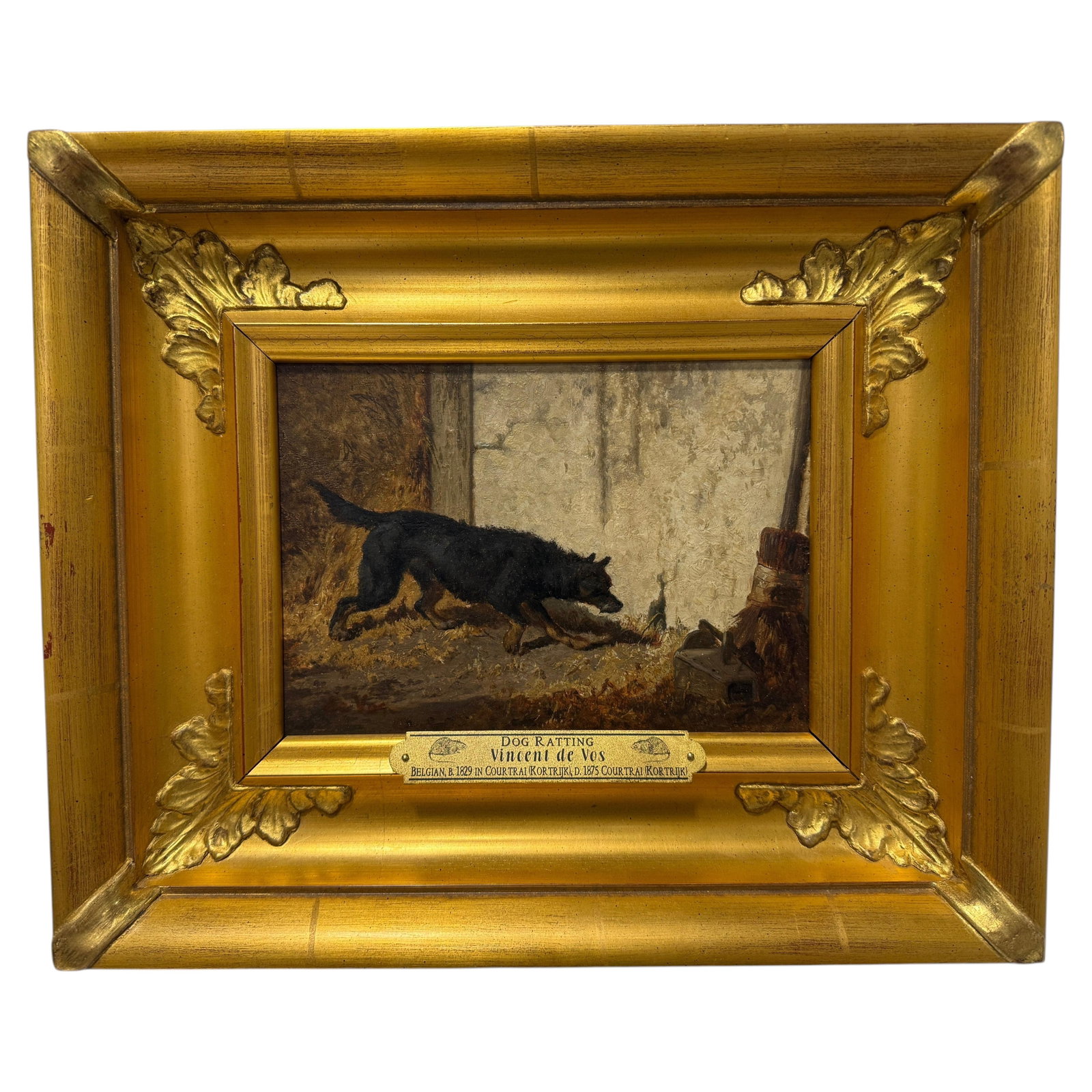 Vincent De Vos Belgian Oil on Board Dog Ratting Portrait: Vincent De Vos Belgian Oil on Board Dog Ratting Portrait This mid-19th century oil on board painting by Belgian artist Vincent De Vos, titled "Dog Ratting," depicts a black working dog intently search