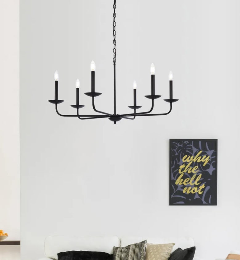 Living District 6 Light Black Iron Chandelier 36 inch: Living District 6 Light Black Iron Chandelier 36 inch This pre-owned black metal chandelier features a rustic French country farmhouse design with a modern touch. Constructed from iron, metal, steel, 