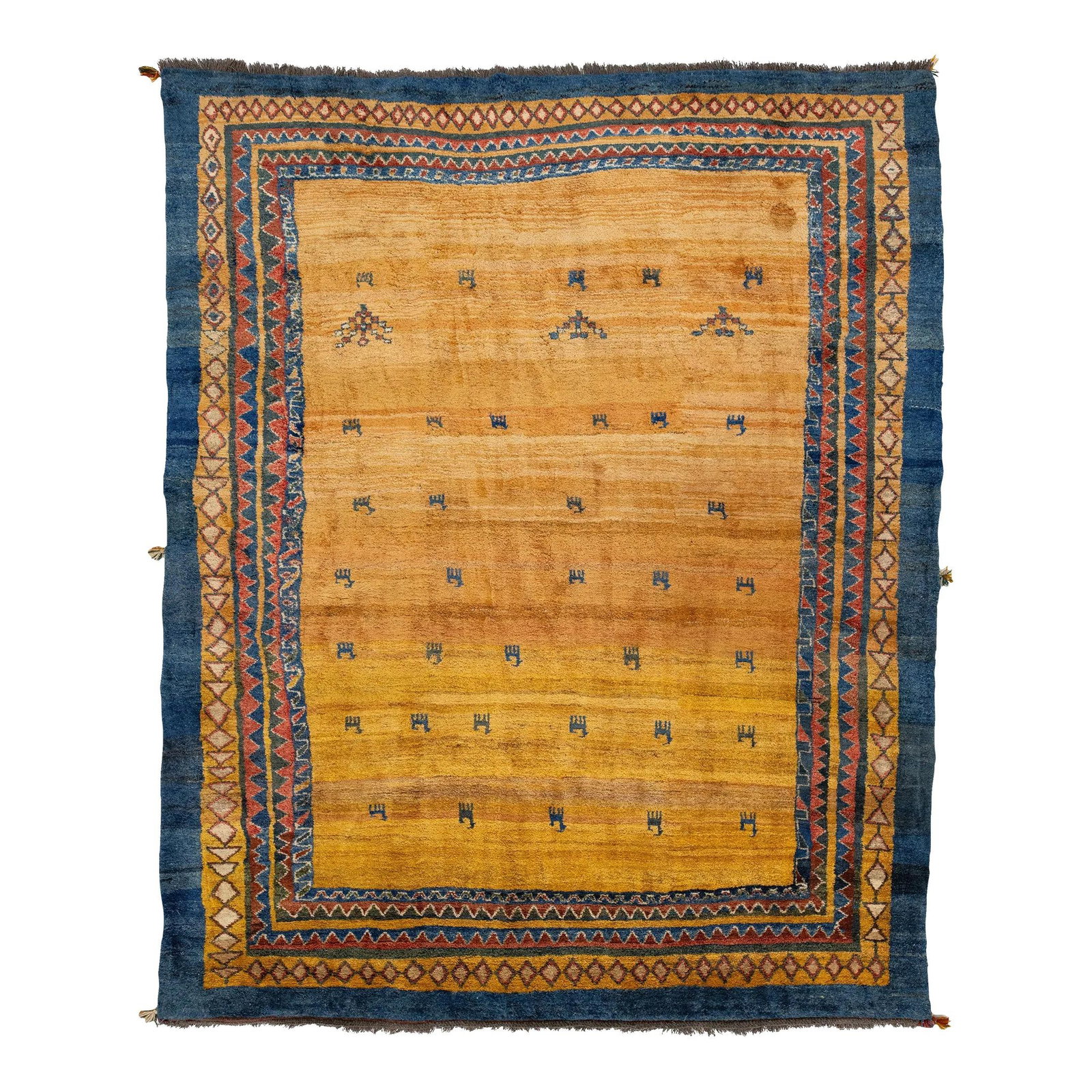 Modern Goldenrod Gabbeh Wool Rug with Geometric Design 10'5 x 12'8: Modern Goldenrod Gabbeh Wool Rug with Geometric Design 10'5 x 12'8 Elevate your space with this stunning modern Gabbeh rug, expertly hand-knotted to showcase a contemporary geometric pattern. The vibr