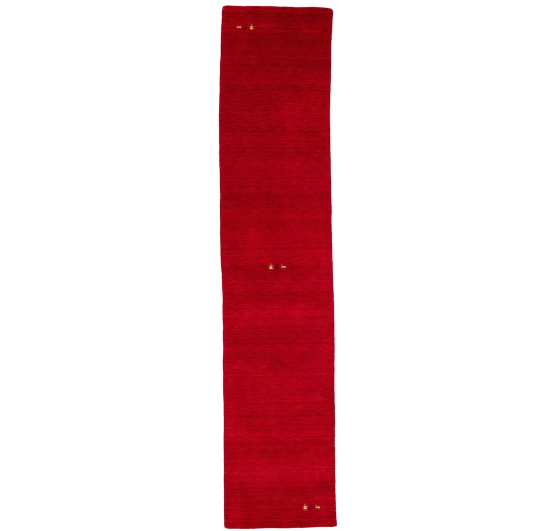 Modern Gabbeh Wool Runner Rug 2'7 x 12'0 Red Hand-Loomed: Modern Gabbeh Wool Runner Rug 2'7 x 12'0 Red Hand-Loomed This modern Gabbeh runner rug features a tribal design and is crafted from hand-loomed wool. The rug has a rich red color and a pictorial patte
