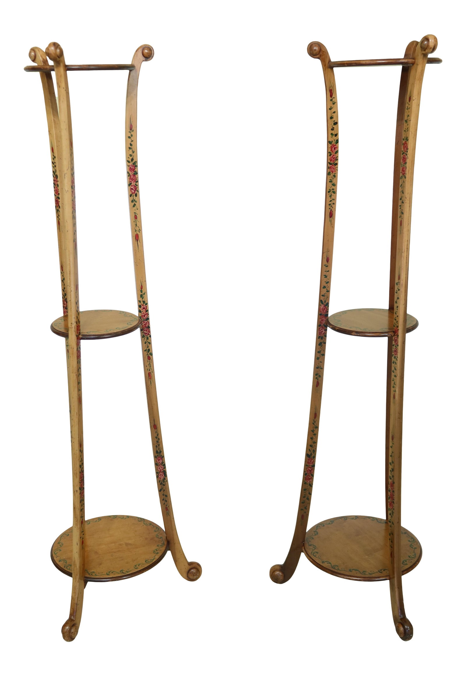 Pair of Adams Satinwood Plant Stands with Elegant Paint Decoration: Pair of Adams Satinwood Plant Stands with Elegant Paint Decoration This exquisite pair of Adams Satinwood plant stands showcases high-quality construction and elegant English style. Each stand feature