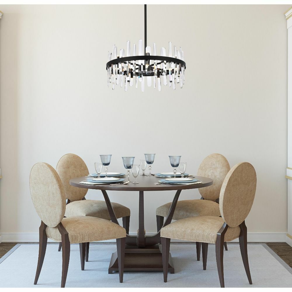 Serena 14 Light Crystal Chandelier Black 25 in: Serena 14 Light Crystal Chandelier Black 25 in Modern black crystal chandelier with 14 lights and a clear crystal design. It is hardwired, ETL rated, height-adjustable, and intended for indoor use. Th